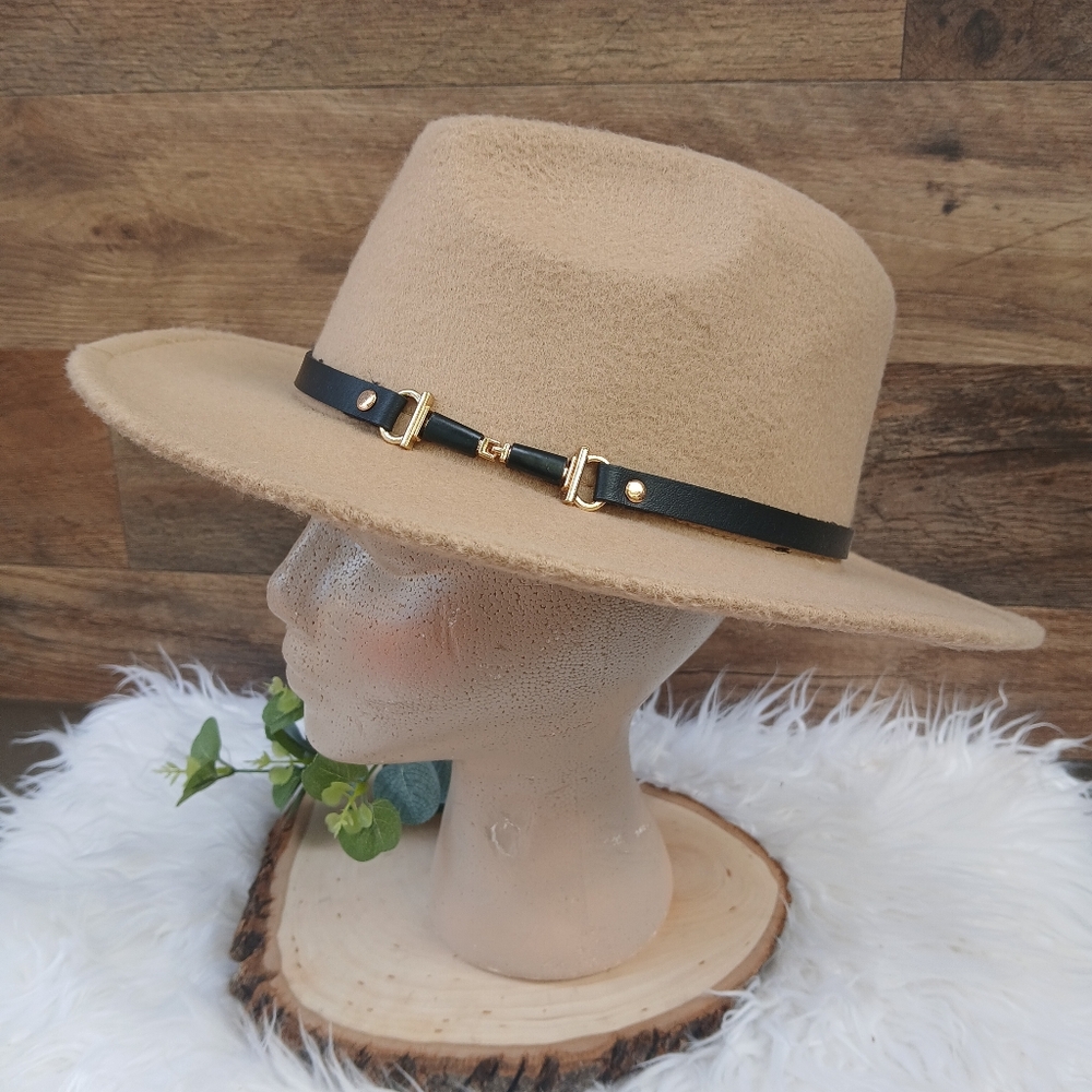 Elegant Tan Wide-Brim Hat with Black Band